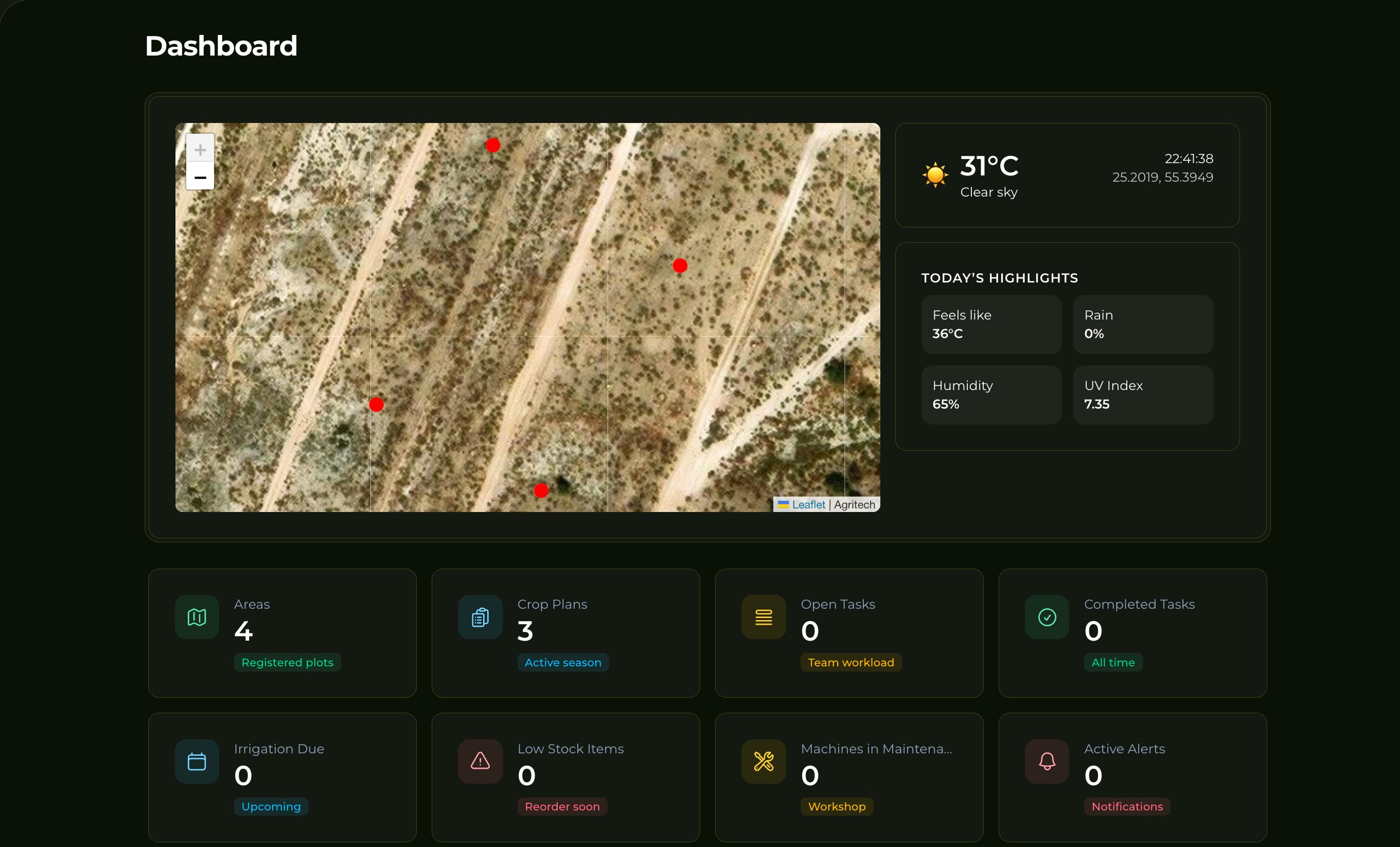 AgriHub dashboard overview showing tasks and crop status